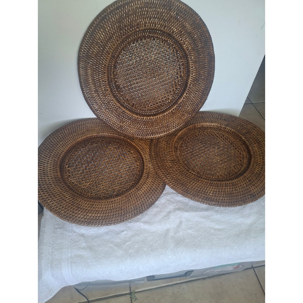 Set of 3 Woven Rattan Charger Plates Brown Boho Coastal Dining Table Decor Round